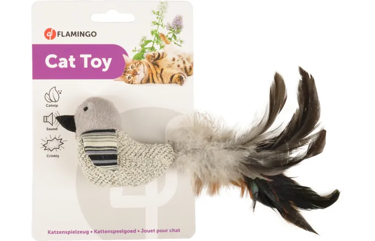 Žaislas - paukštis Pirin su plunksnomis ir katžole, katėms