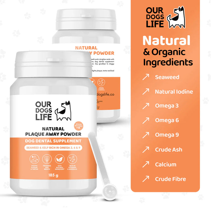 OURDOGSLIFE NATURAL PLAQUE AWAY POWDER, natūralūs dantų apnašų šalinimo milteliai, 500g