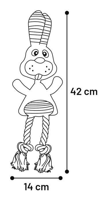 Žaislas šunims, triušis dryžuotomis ausimis, virvinėmis kojomis