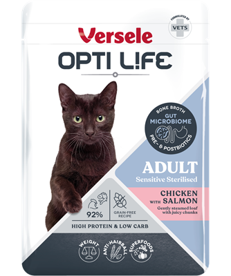 Opti Life Adult sensitive sterilised su vištiena ir lašiša, paštetas (virtas garuose)85g