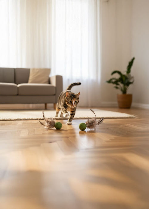 Žaislas KATTI katžolės kamuoliukai su plunksnomis, žalias N2