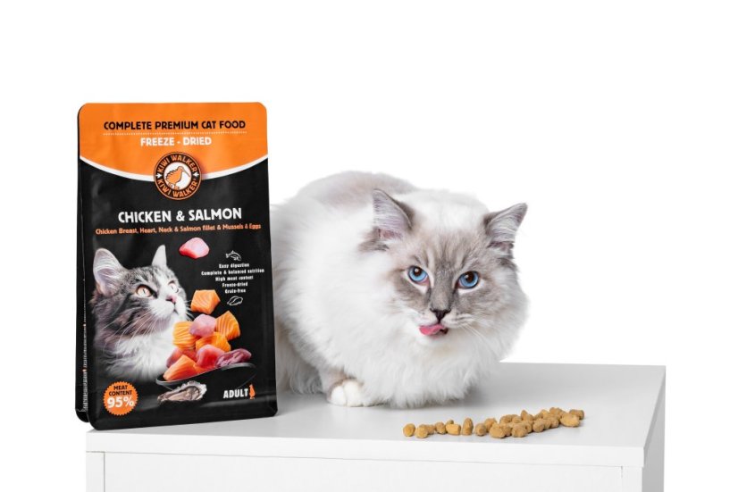 Kiwi Walker  liofilizuotas  ėdalas katėms su lašiša ir vištiena, 150 g