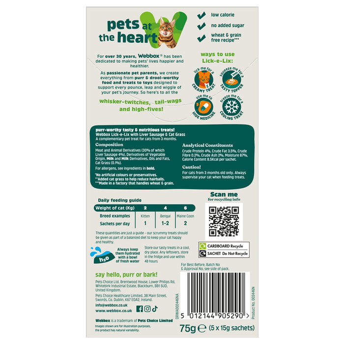 WBX Lick-E-Lix (liver sausage/cat grass) kepenėlių dešra ir kačių žolės skanėstai katėms, N5 x 15 g