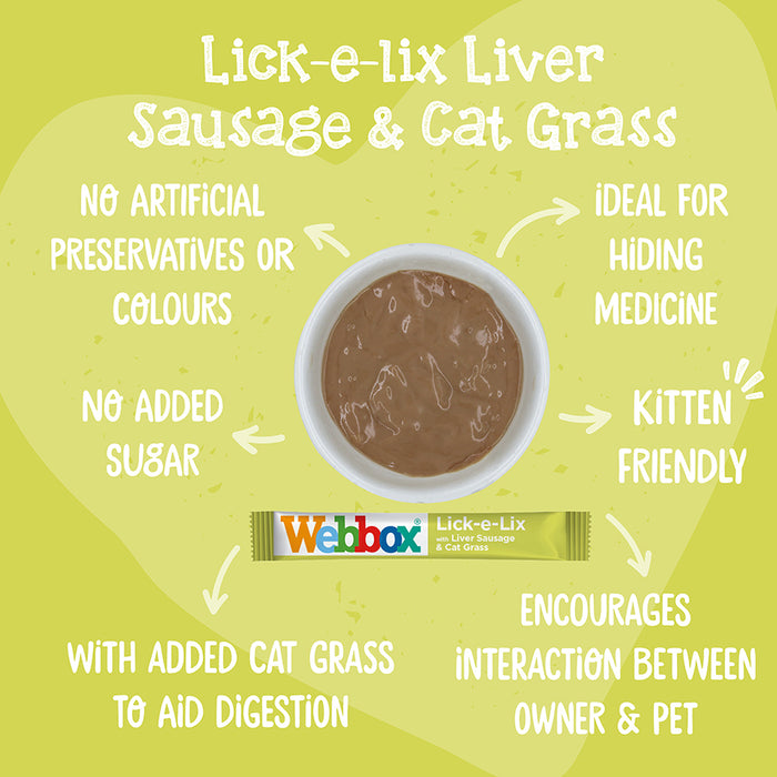 WBX Lick-E-Lix (liver sausage/cat grass) kepenėlių dešra ir kačių žolės skanėstai katėms, N5 x 15 g