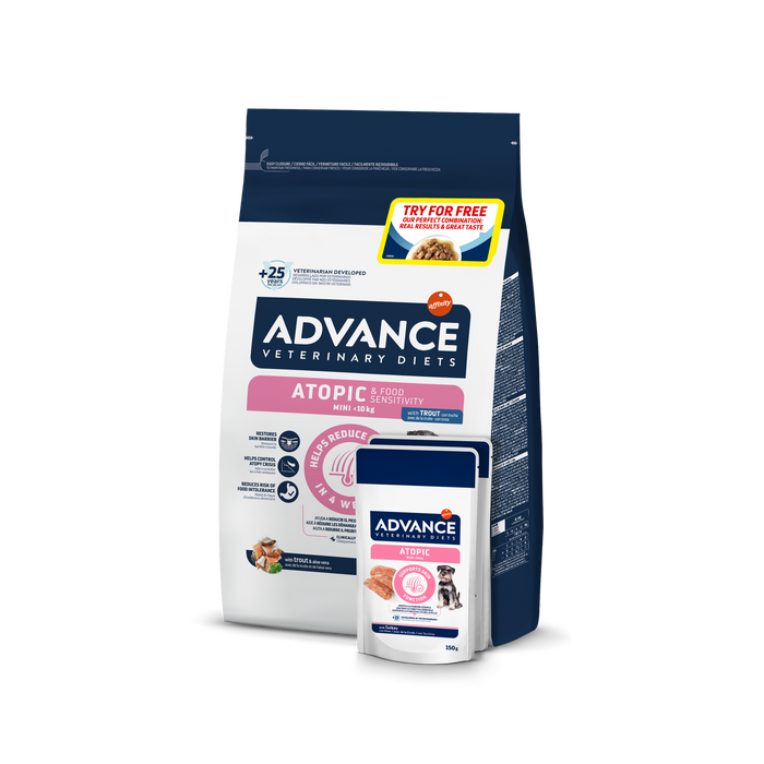 ADVANCE VETERINARY DIETS Mini Dog Atopic Care 1,5 kg + 2 vnt. konservų