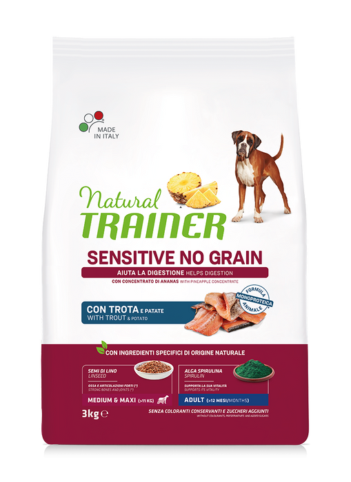 Natural Trainer Dog Sensitive No Grain Adult Medium/Maxi, su upėtakiu