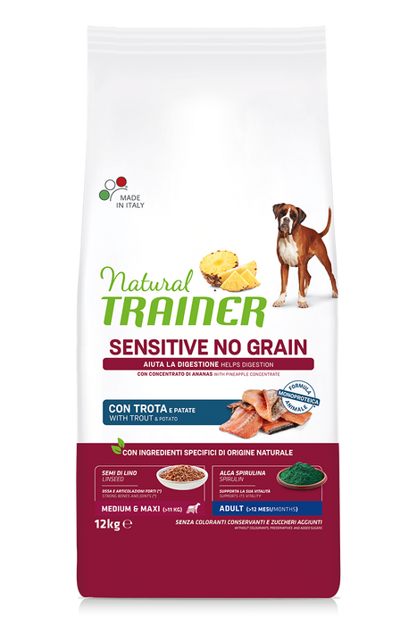 Natural Trainer Dog Sensitive No Grain Adult Medium/Maxi, su upėtakiu