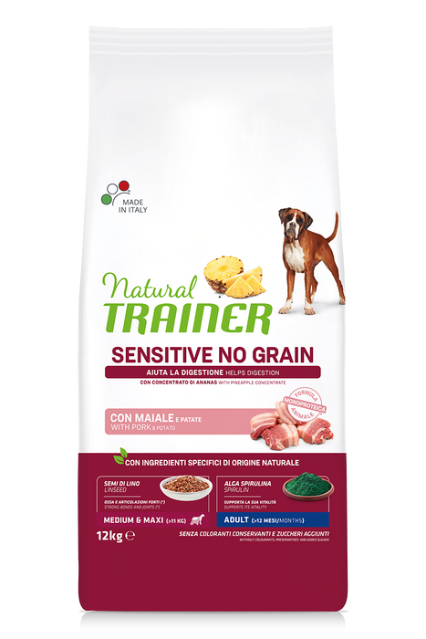 Natural Trainer Dog Sensitive No Grain Adult M/M, su kiauliena 12kg