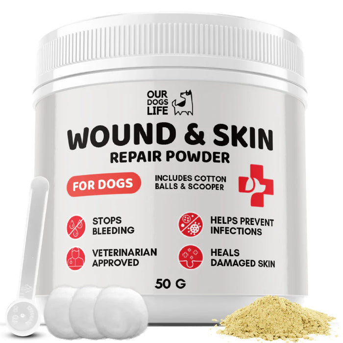 OURDOGSLIFE WOUND & SKIN REPAIR POWDER -milteliai žaizdom ir odai šunims, 50g