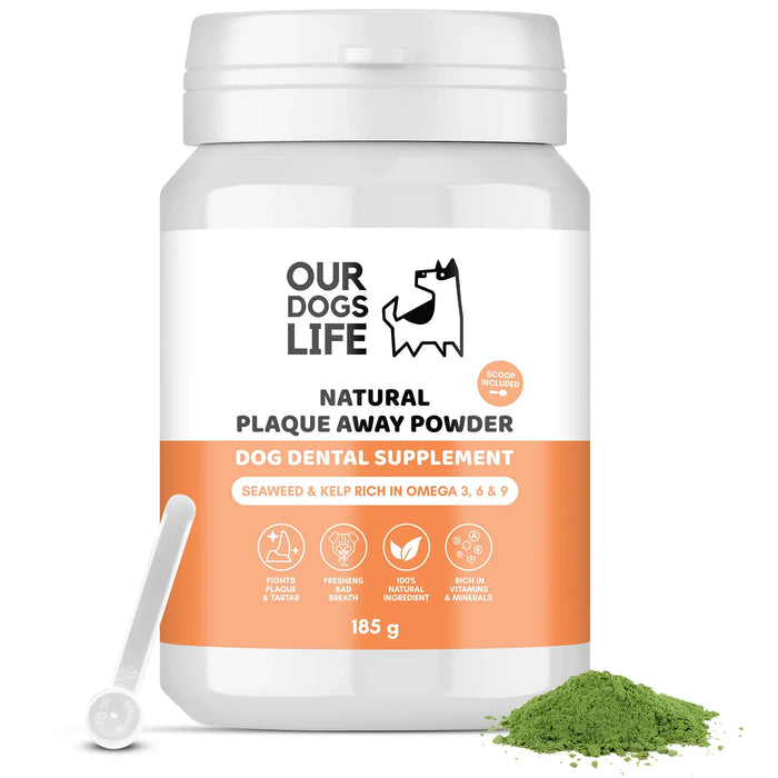 OURDOGSLIFE NATURAL PLAQUE AWAY POWDER, natūralūs dantų apnašų šalinimo milteliai, 500g