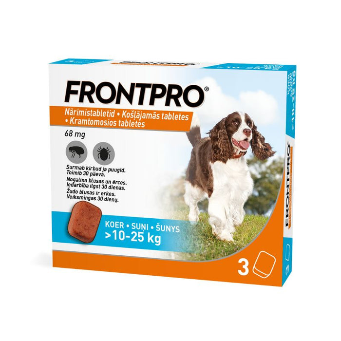 Frontpro kramtomos tabletės nuo erkių ir blusų šunims (10-25 kg)