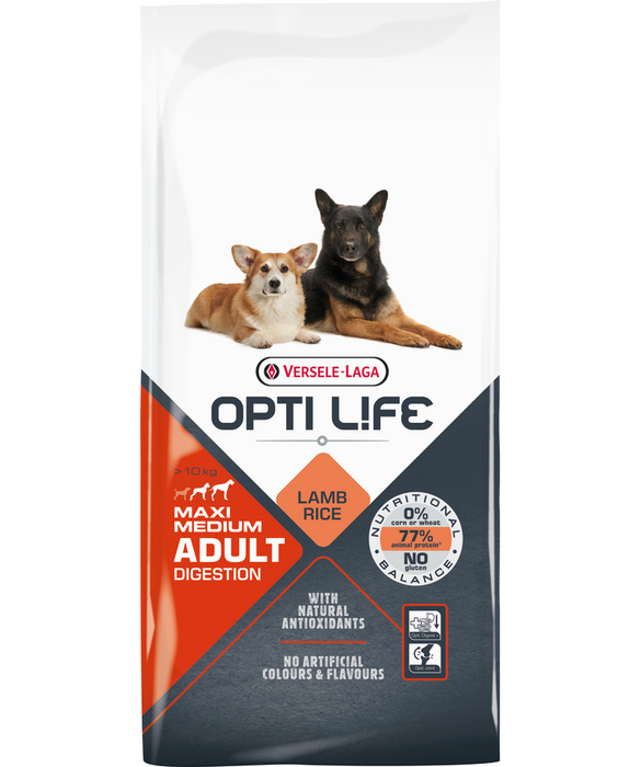 Opti Life Adult Digestion Medium & Maxi  su ėriena ir ryžiais 12,5kg